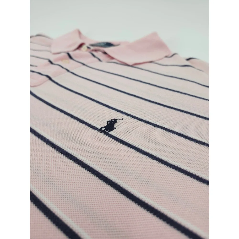 Polo Ralph Lauren Mens 2XLT Tall Pink Navy Blue Striped Cotton Pique Polo Shirt